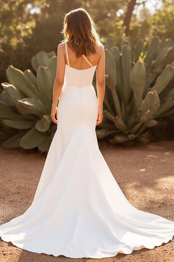 Ivory One Shoulder Simple Satin Mermaid Wedding Dress with Slit